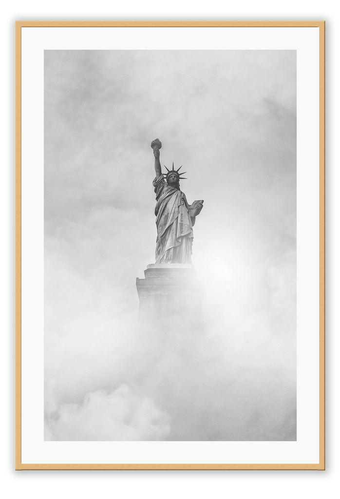 Black and white New York portrait print with statue in clouds foggy moody minimal iconic