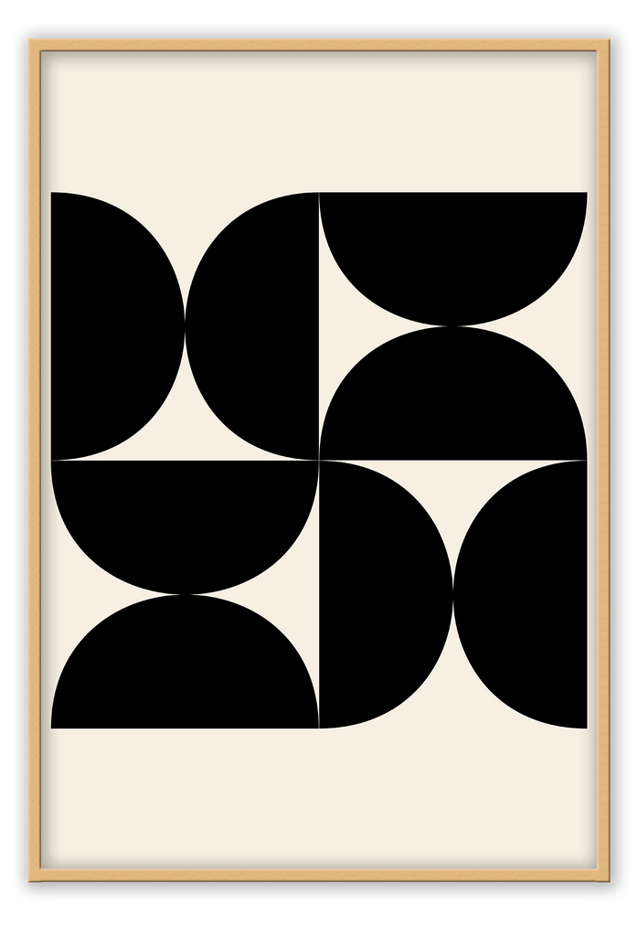 Cream and black abstract geometric print with half circle arrangements in symmety