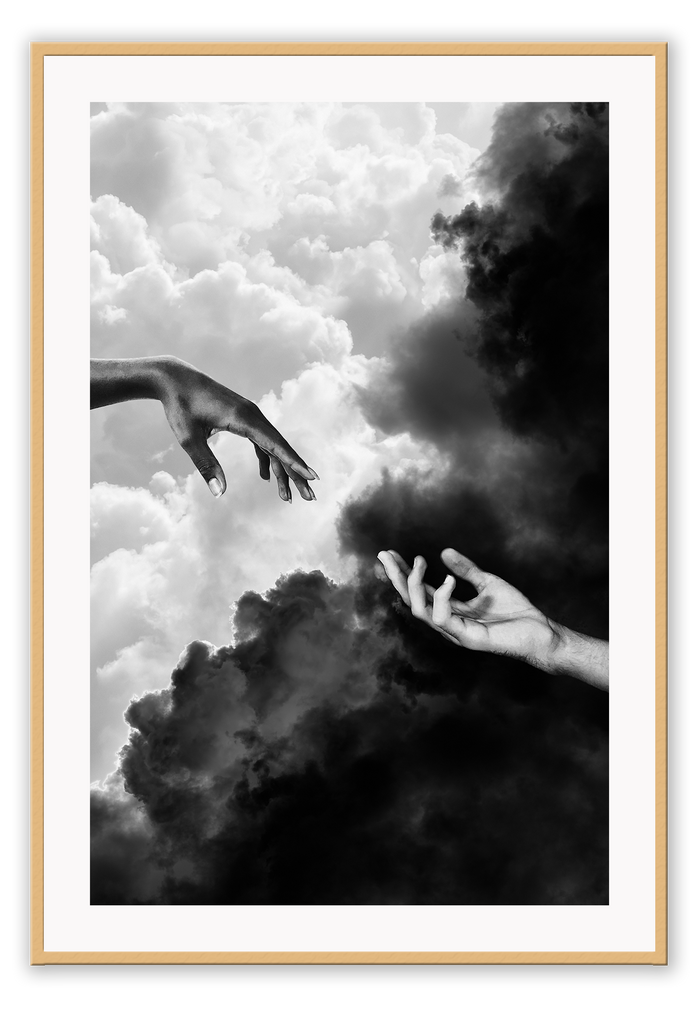 Hands touching in sky clouds, black and white, sistine chapel michaelangelo and the creation of adam 