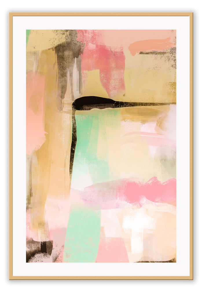 Abstract print portrait landscape pink teal black beige white paintstrokes modern style