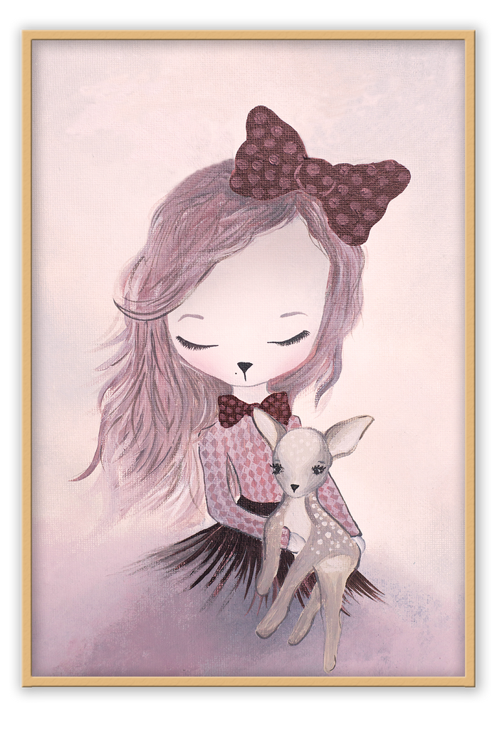 Kids nursery print with a bunny rabbit girl holding a baby deer in pink on a blush background. 