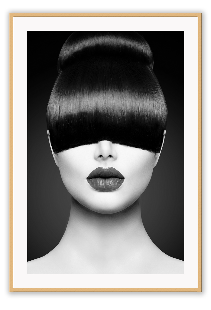 Photography print with lady woman fringe lips sexy black and white shiny texture hair