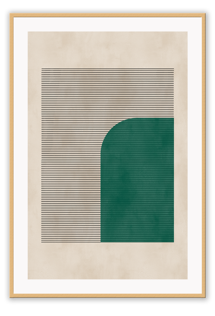 Minimal print with abstract emerald green shape and small horizontal lines on a textured beige background 