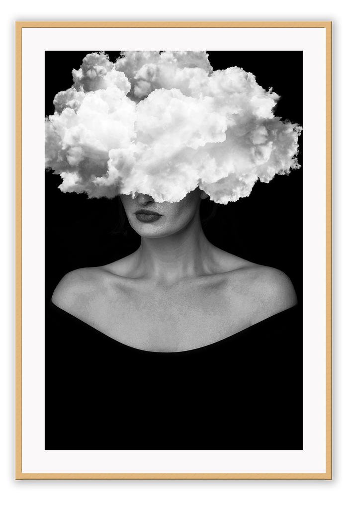 A fashion black and white wall art with a cloud on a lady's face with