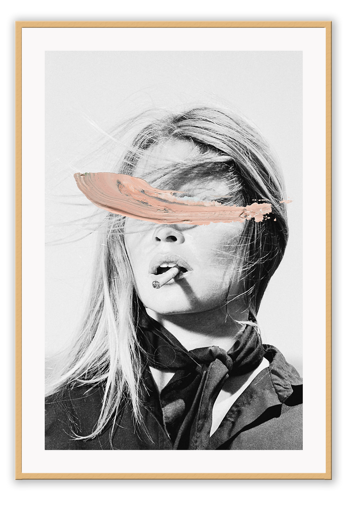 A fashion wall art with a fashion model Kate Moss smoking cigarette and a pink brush stroke accross eyes