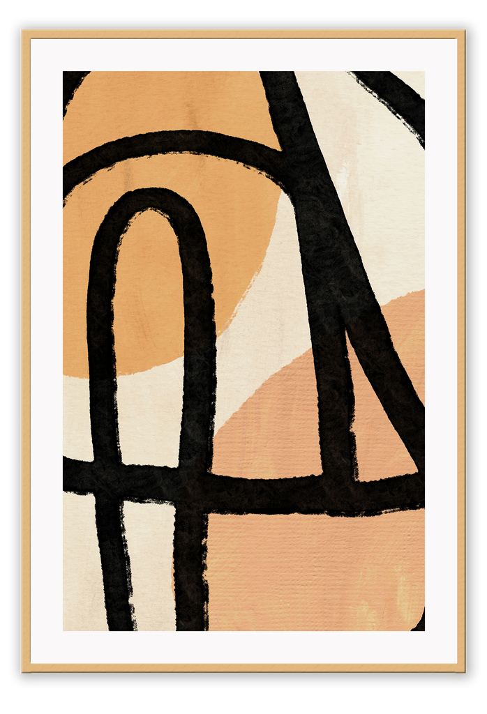Abstract modern art print portrait landscape with black brushstroke line on top of orange and beige textured shapes.