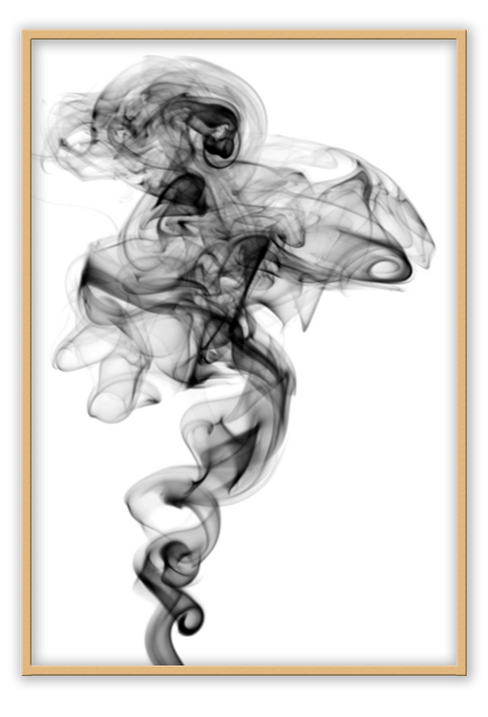 Minimal modern print portrait rising black smoke white background.
