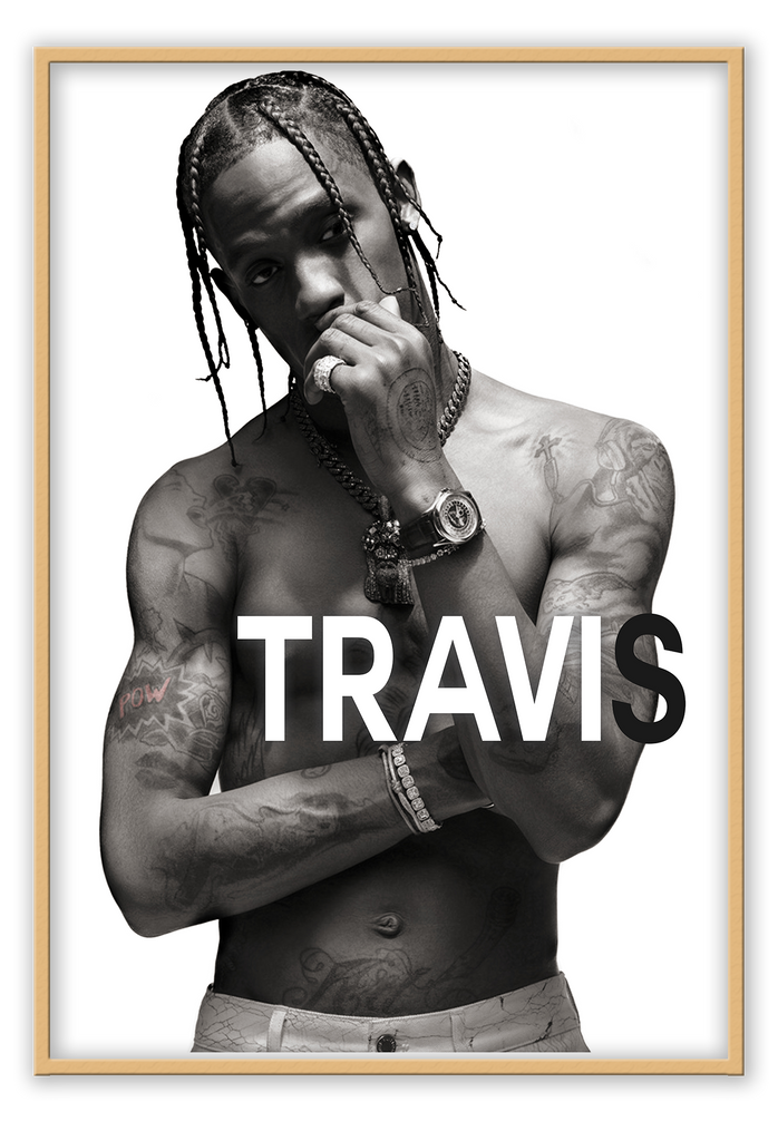 Travis Scott celebrity print portrait print tattoos white background with text fashion rapper