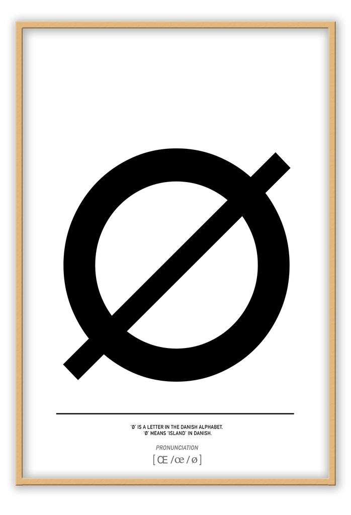 A simple, minimal fashion typography wall art with the black letter ‚àö√≤ on white background, meaning island in Danish. 