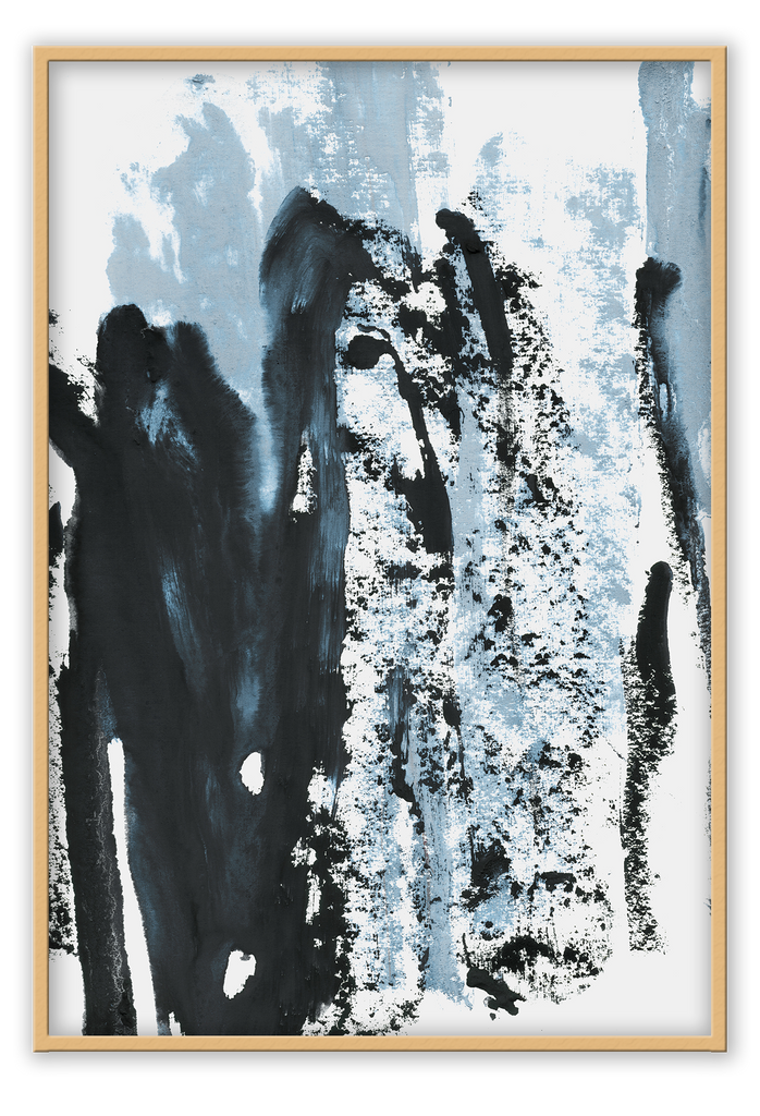 Blue white and black print abstract with brushtrokes texture and minimal style dark moody modern