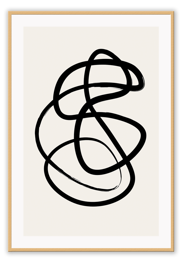 Abstract black and white squiggle print with textured black line and cream background 