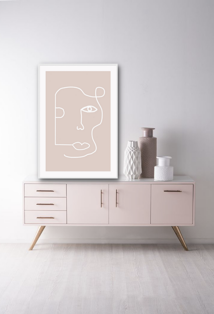 Line art print pink background womans face white line scandi modern bedroom 