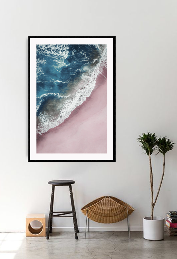 Ocean blue print white wash waves pink sand portrait 