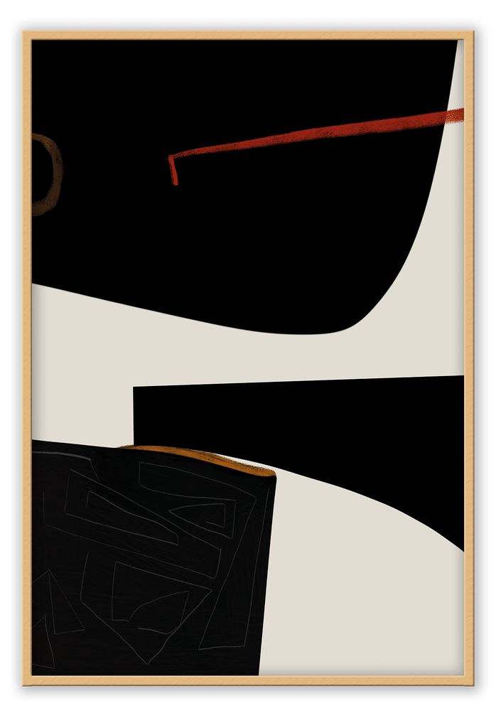 Minimalistic abstract print with three large black shapes complimented by two thin orange lines on a cream background.