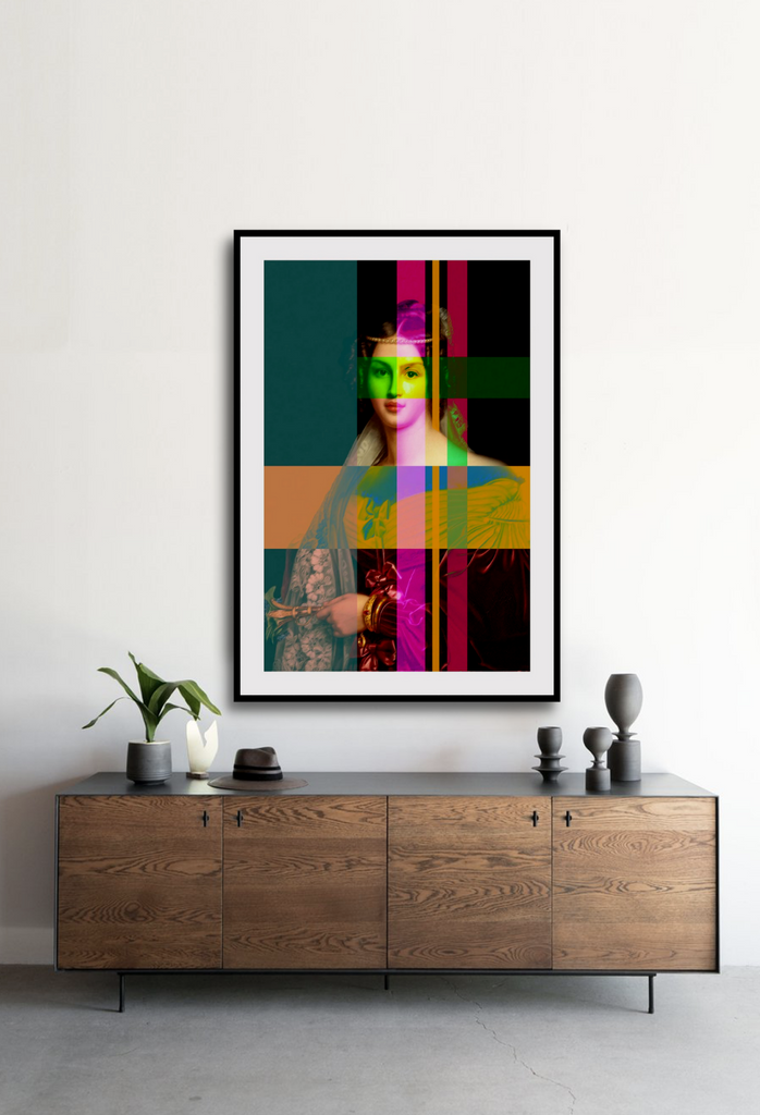 Pixel render of Queen Royal with orange pink and green colourful print portrait 