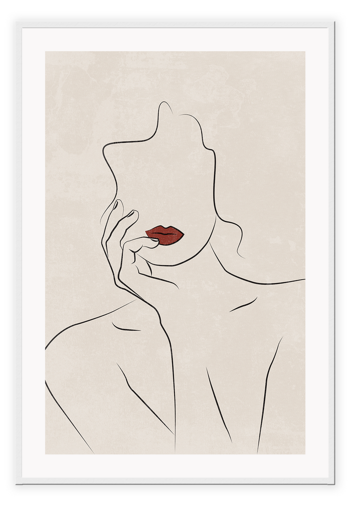 Portrait line art print woman outline black nude red lips beige textured background