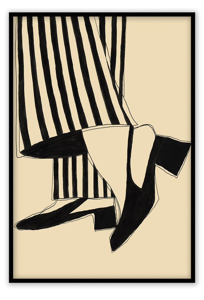 Drawing style print featuring two legs in black and beige striped flared pants and plain black higheels on a beige background