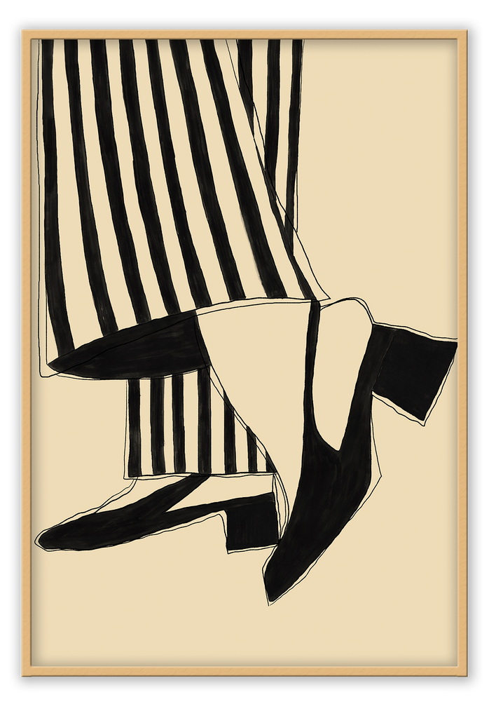 Drawing style print featuring two legs in black and beige striped flared pants and plain black higheels on a beige background