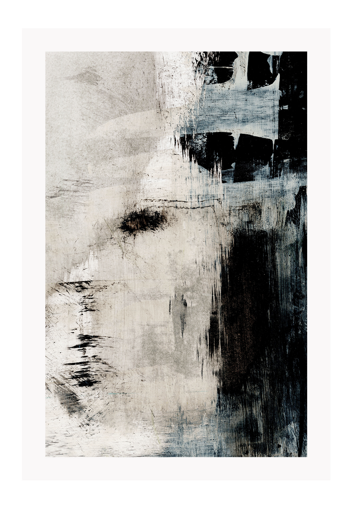 Abstract print with random light grey brushstrokes on one side and dark blue and black brushstrokes on the other side.