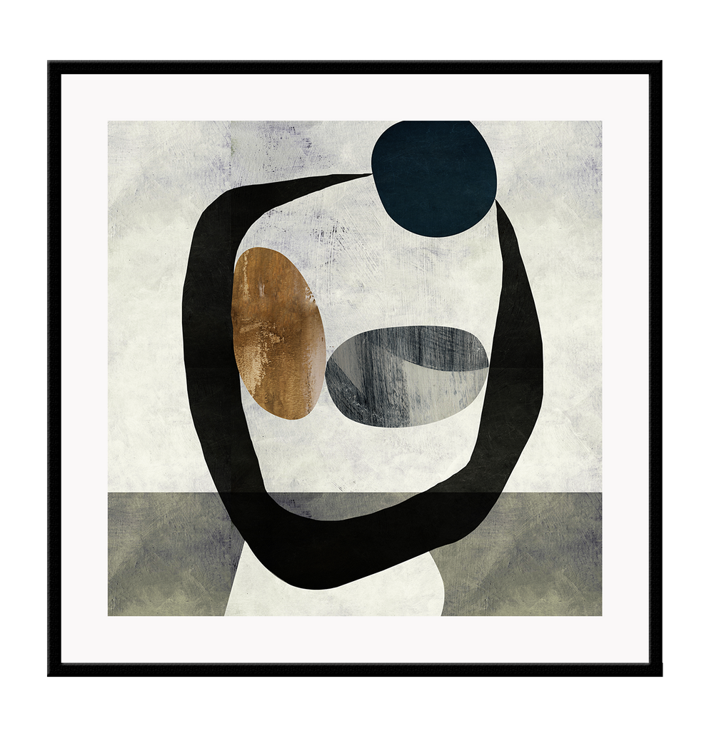 Abstract print with three round shapes in dark grey and rust tones connected by a black circle shape on grey background.