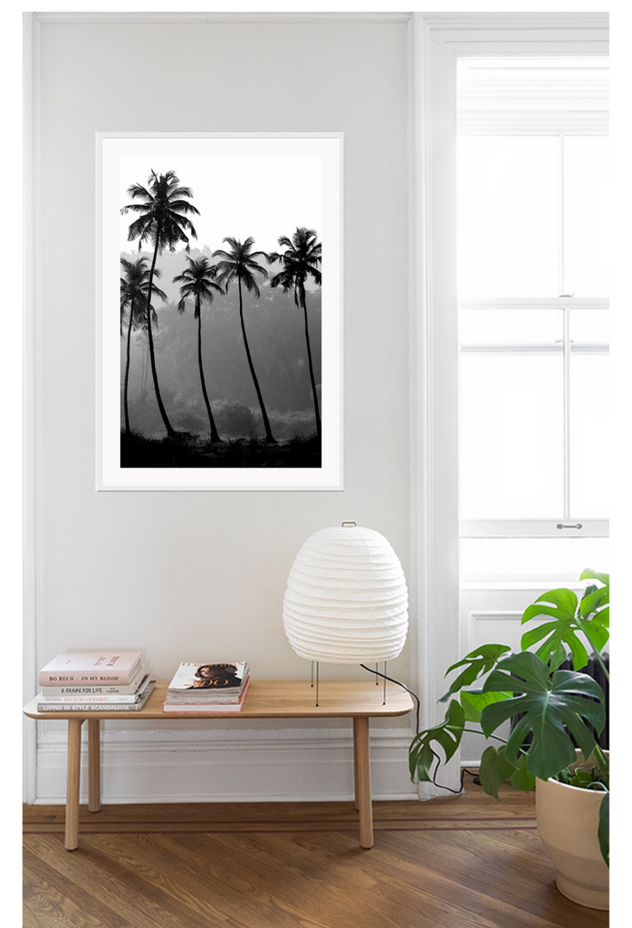 Photography tropical natural black and white palm trees blowing in wind portrait print