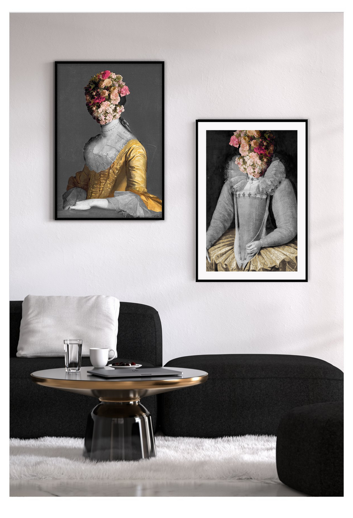 A vintage wall art with oil painting of a middle class lady and flowers on her head.