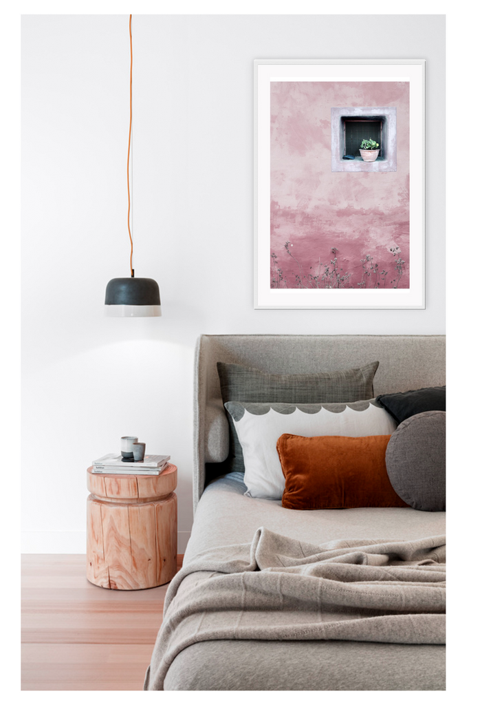 Minimal boho pink window portrait with green succulent in morocco texture architecture 