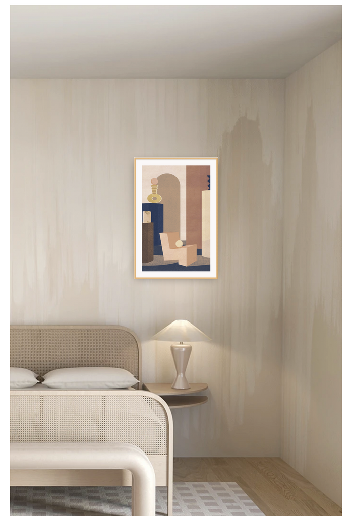 Geometric interior in tan and teracotta tones with with navy, brown and cream colours. 