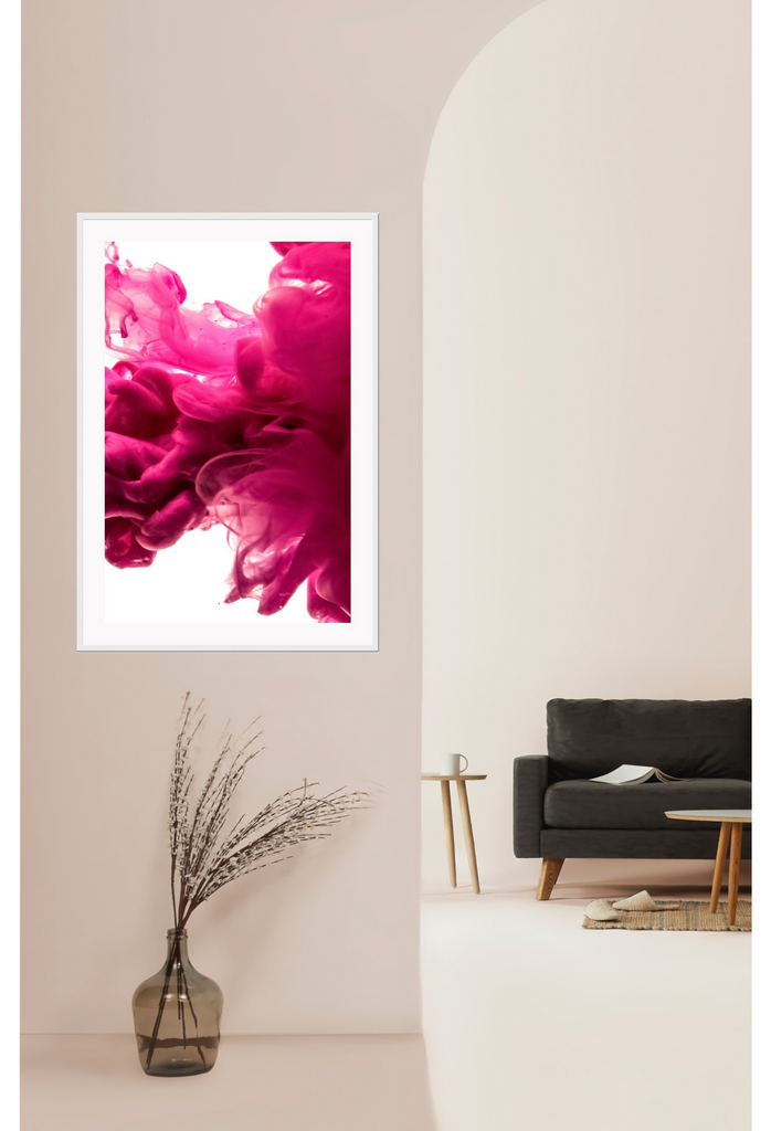 Hot pink modern print featuring a smoke cloud explosion on a white background.