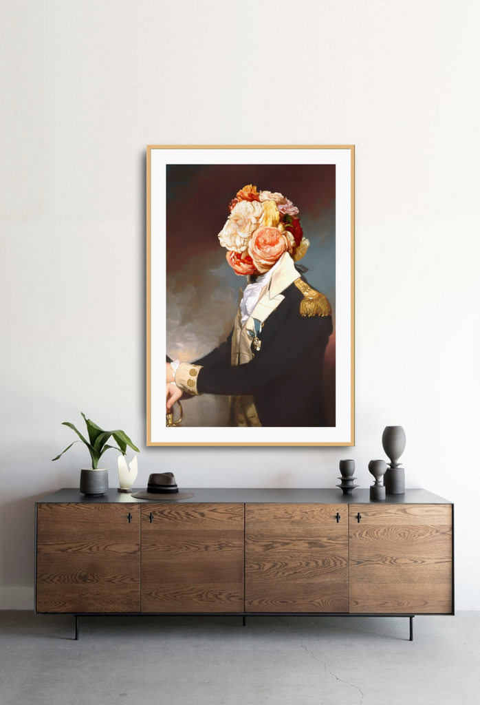 Vintage style painting print with a man in a royal army uniform and his face covered in a bouquet of pink and yellow flowers.