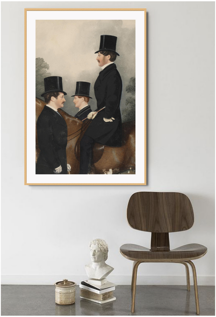 Vintage style print of three men facing eachother in black top hats and suits, one on a brown horse on a foggy morning.