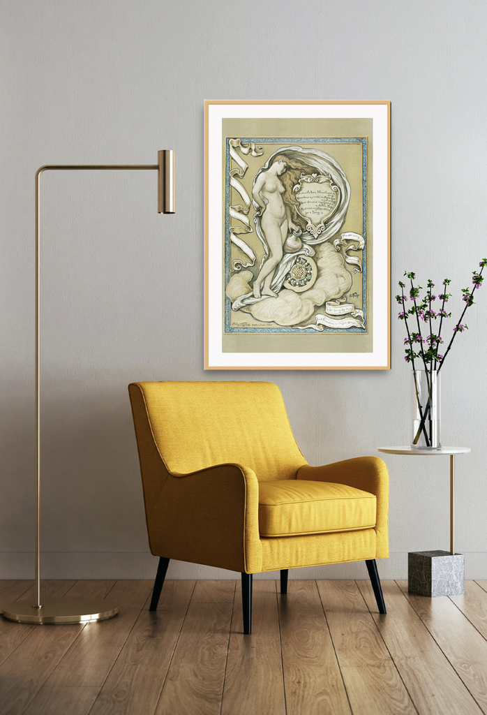 Vintage style ancient carving print with a nude woman illustrated holding a pot draped in fabric with a blue border on a cream background.