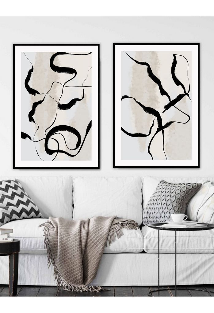 Abstract art print with irregular black squiggly lines on a textured light grey background and white border.
