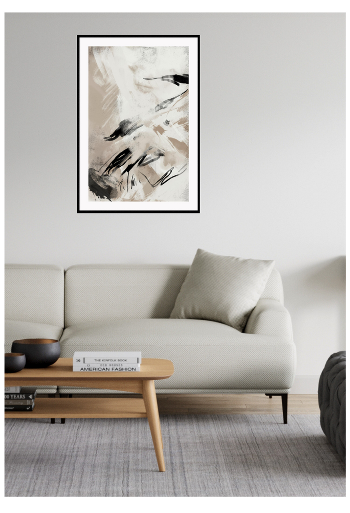 Textured abstract art print with random black and beige brushstrokes and lines on a light grey background.