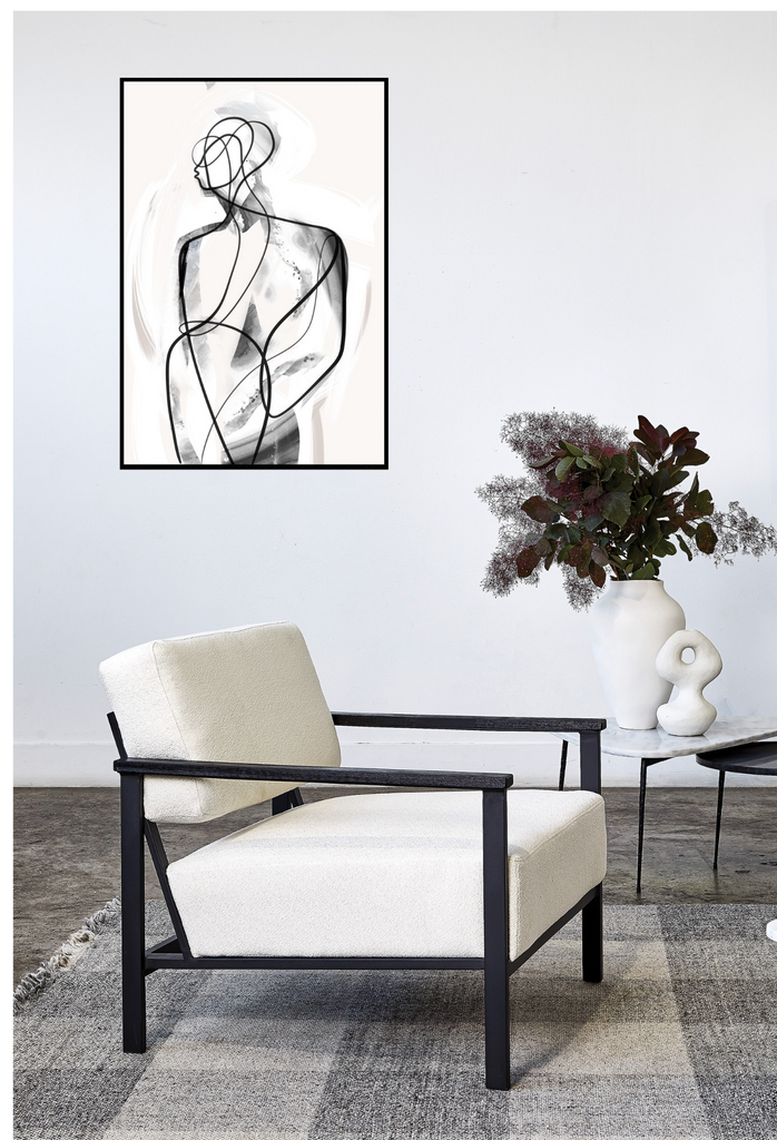 Abstract line art print featuring the black outline of a person filled with grey brushstrokes on a white background.