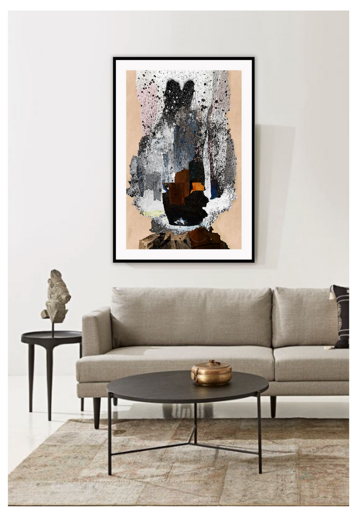Colourful abstract print in brown, orange and grey tones with random shapes and paint splatters on beige background.