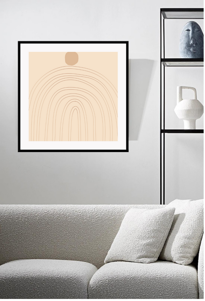 Abstract art print with beige curvy lines forming a rainbow shape and a beige dot on top on a light beige background.
