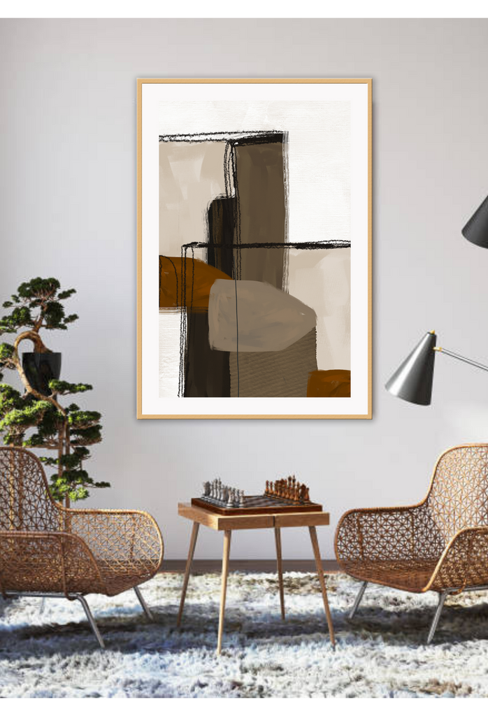 Abstract style print with large shapes in black, rust and olive on a white and beige background and black textured strokes