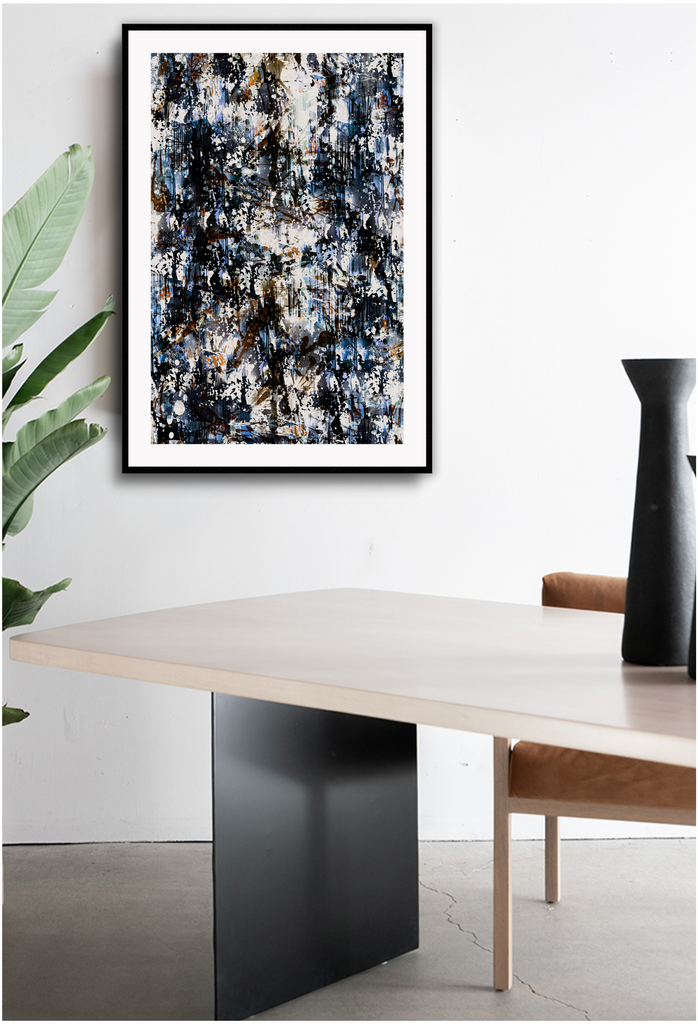 Abstract style print with random splatters of black, white, blue and rust paint and white dripping lines on dark background