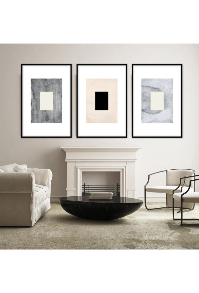 Scandi style art print with a cream coloured rectangle on a dark grey watercolour textured rectangle with white border.