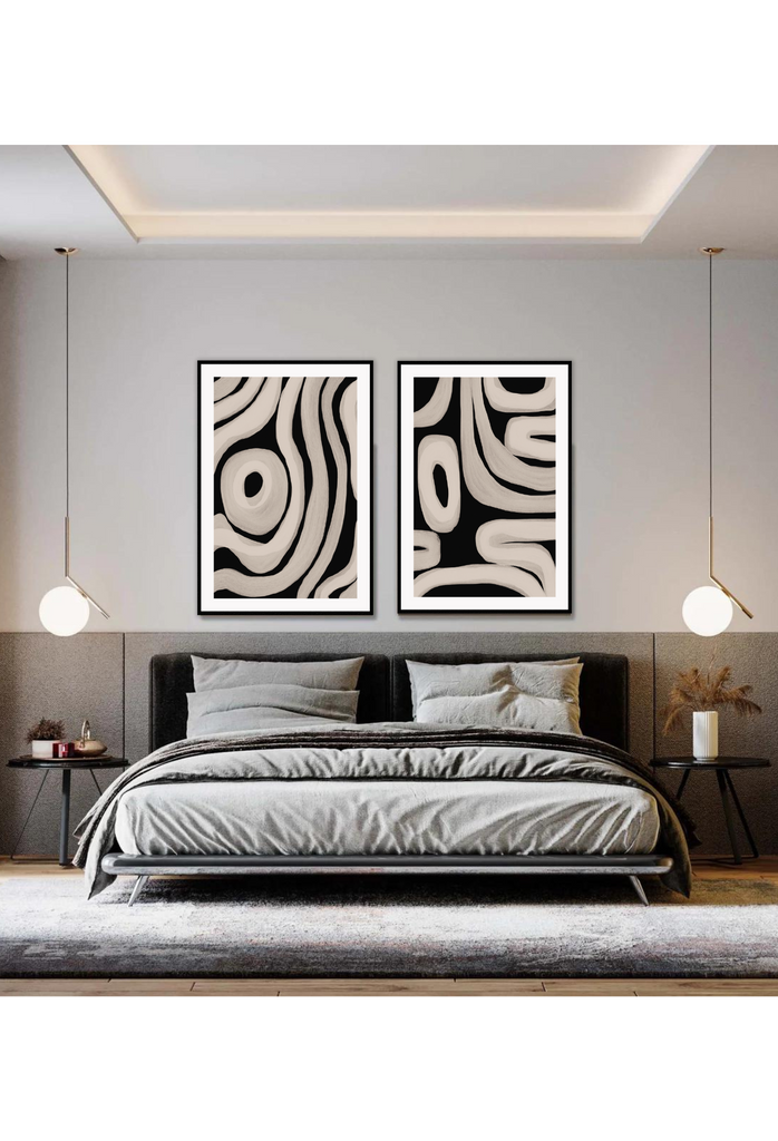 Abstract print with beige wavy lines and a circle in the centre on a plain black background.