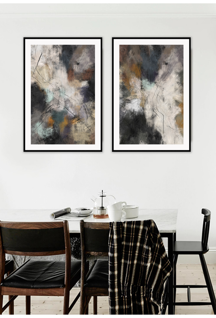 Textured painting style print with a white patch surrounded by dark grey, rust and teal colours and random black lines.