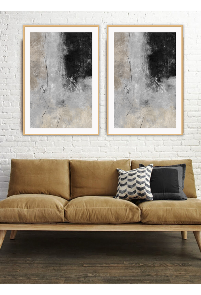 Painting style art print with textured patches of black, grey and beige colours and scattered thin black lines.