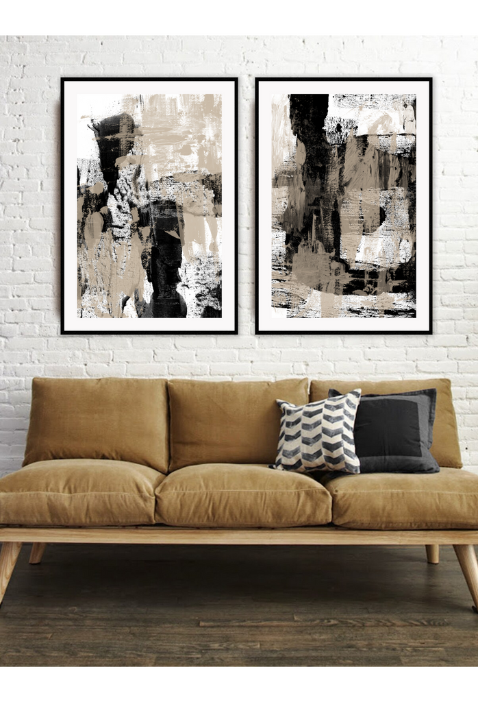 Abstract style art print with large black and beige brushstokes covering the print on a white background.