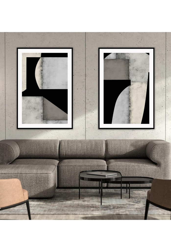 Abstract print with grey brushstroke textured rectangular shapes in the centre, sorrounded by random black shapes.