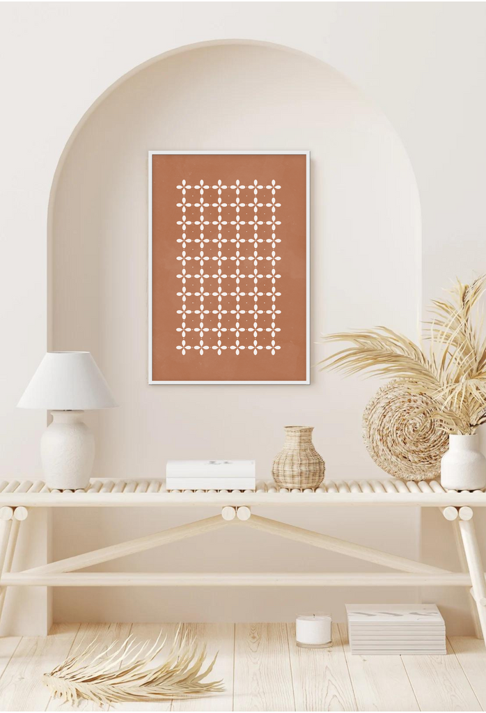 Modern traditional art print minimalist terracotta orange pink colour background with flower shapes repeating in white.