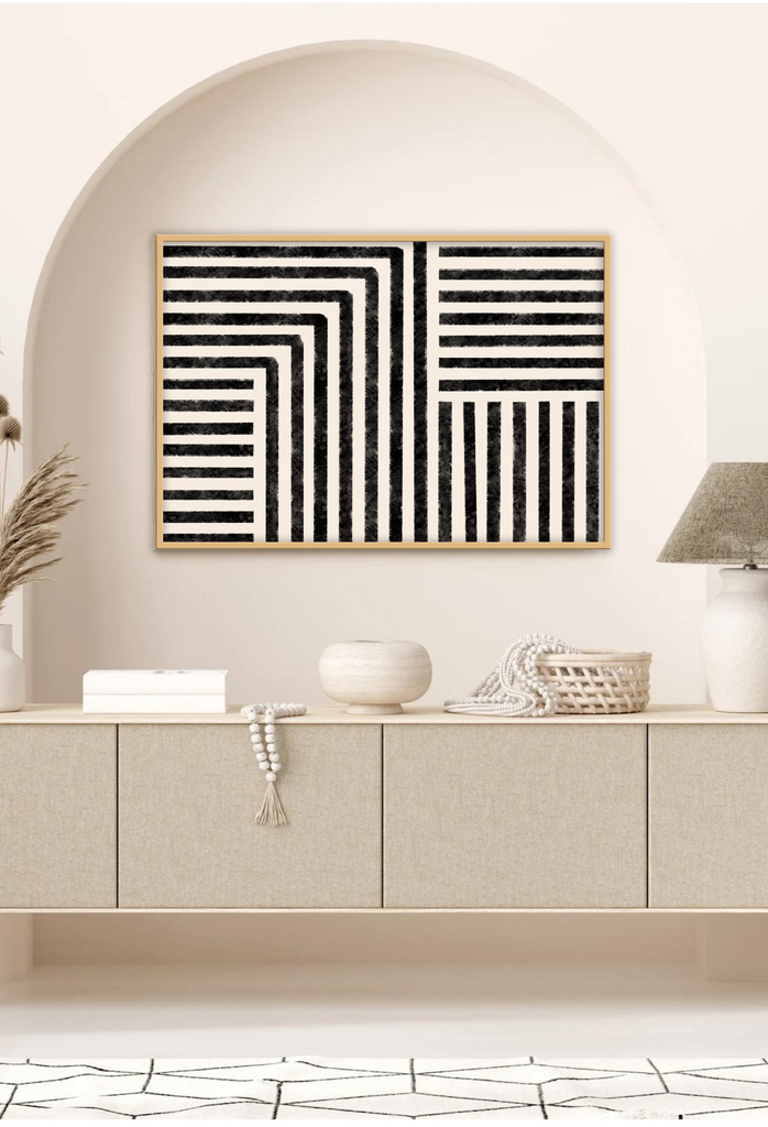 Abstract landscape art print with black textured lines forming striped patterns on a white cream background minimal modern style.