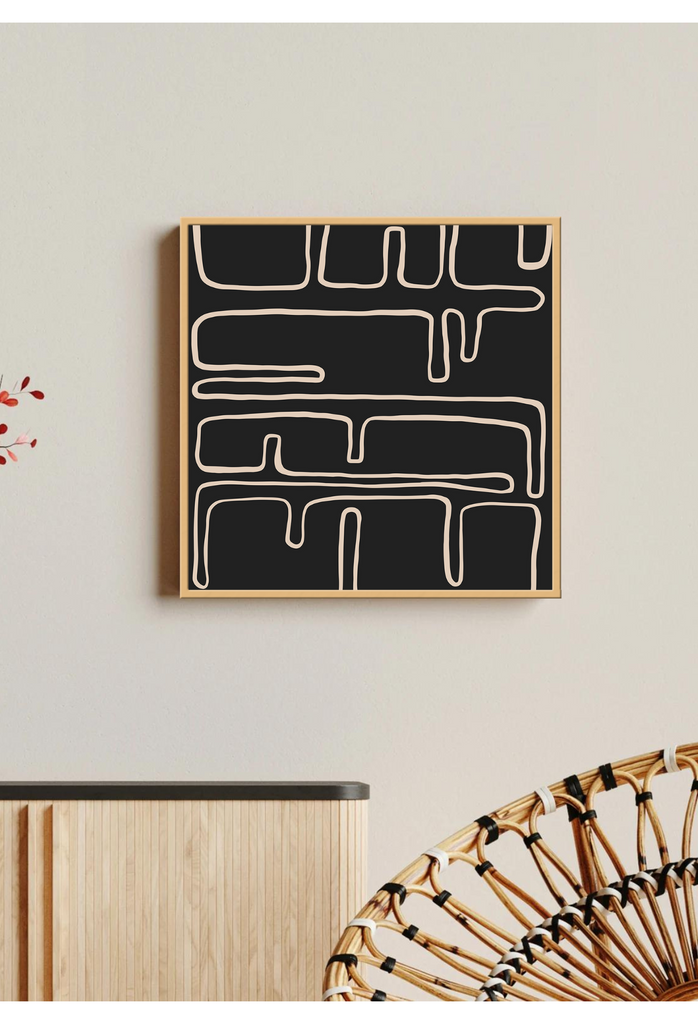 Abstract art print with a long curvy line in beige on a plain black background.