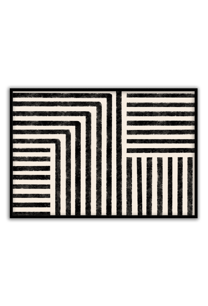 Abstract landscape art print with black textured lines forming striped patterns on a white cream background minimal modern style.