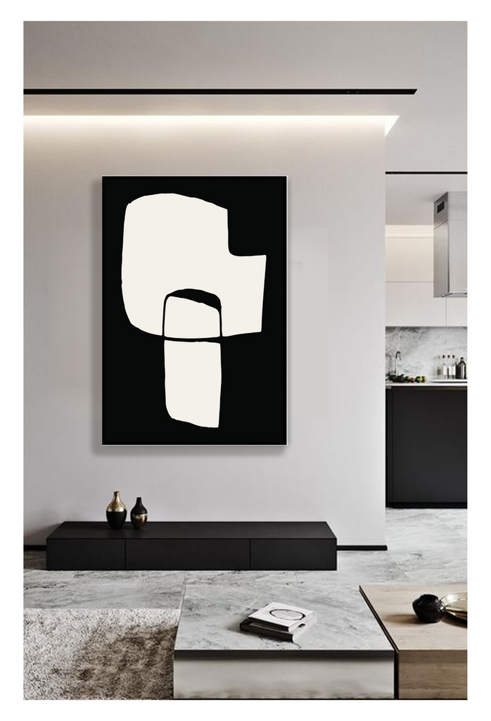 Black and white minimal neutral print with black background and rounded shapes abstract print 